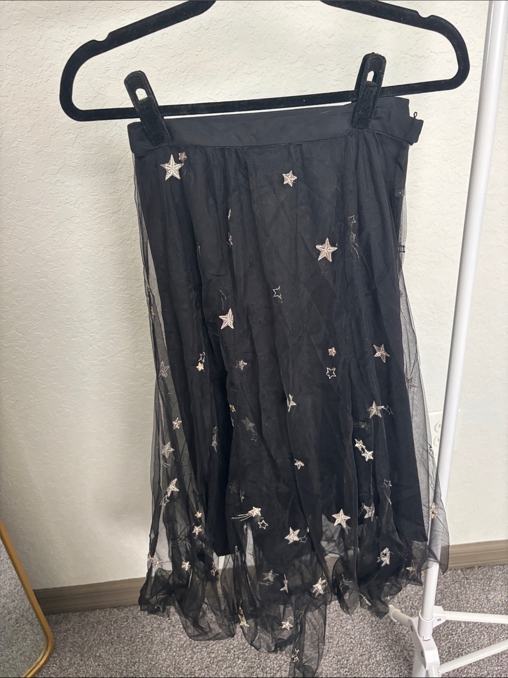 Jenny Yoo Black Tulle Midi Skirt with Silver Star Embroidery